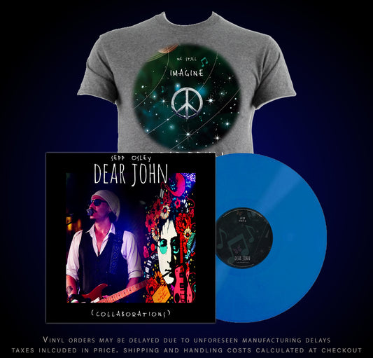 Gray t-shirt with a peace symbol design, 'Dear John' album cover, and blue vinyl record on a dark background.