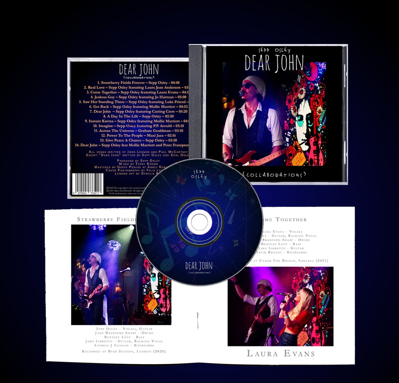 CD jewel case and booklet for the album 'Dear John (Collaborations)', featuring text, concert photographs, and a CD disc.