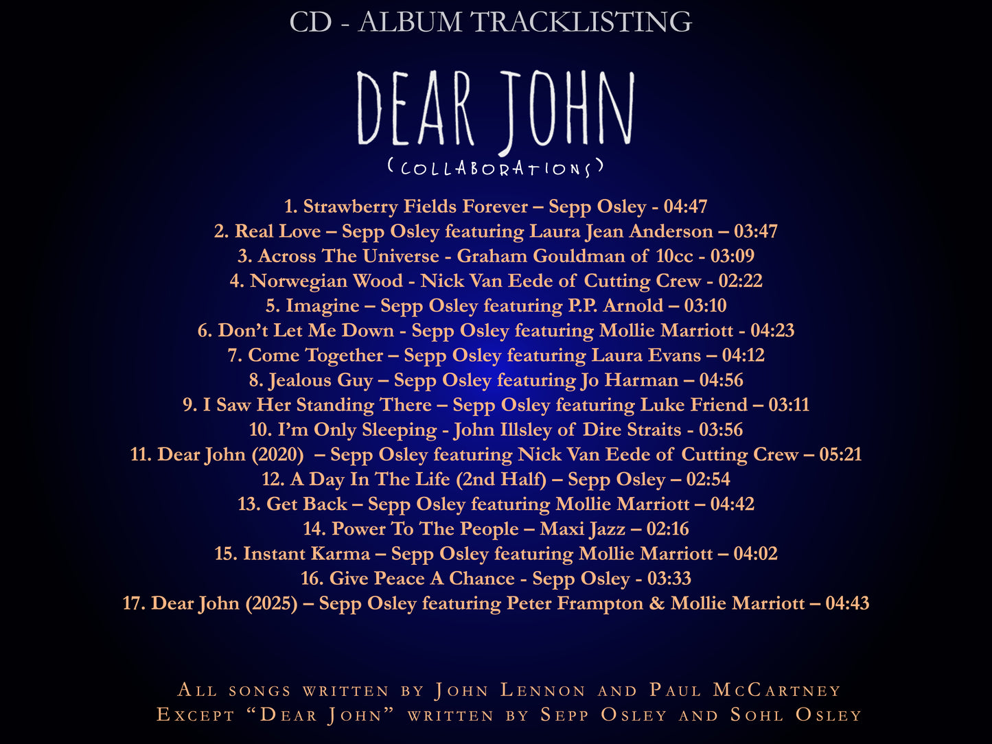 Tracklist for 'Dear John' album with song titles and durations on a dark blue background.