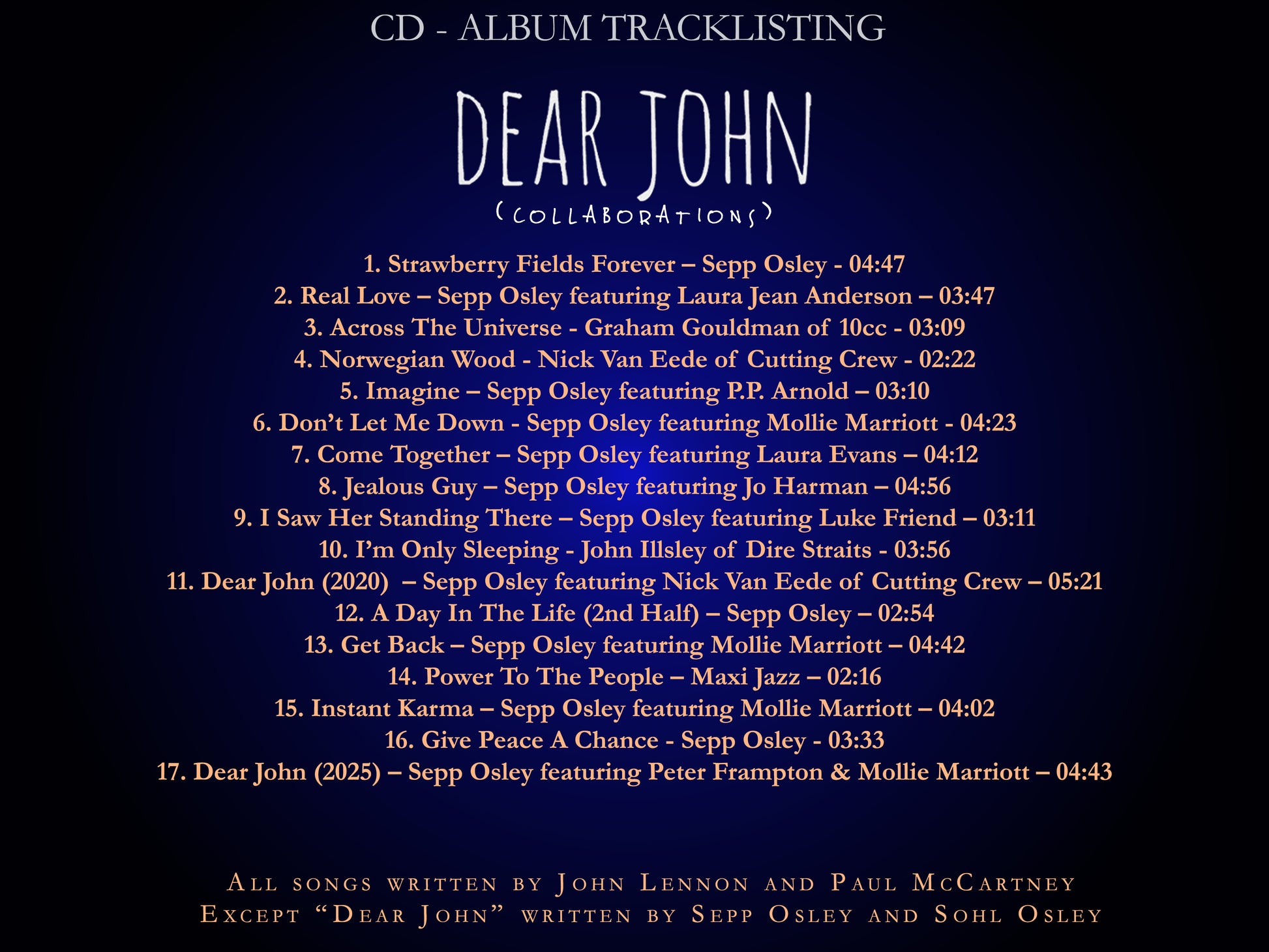 Tracklist for 'Dear John' album with song titles and durations on a dark blue background.