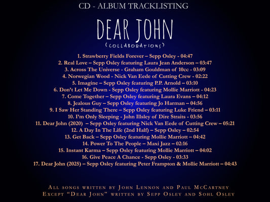 Tracklist for 'Dear John' album with song titles and durations on a dark blue background.