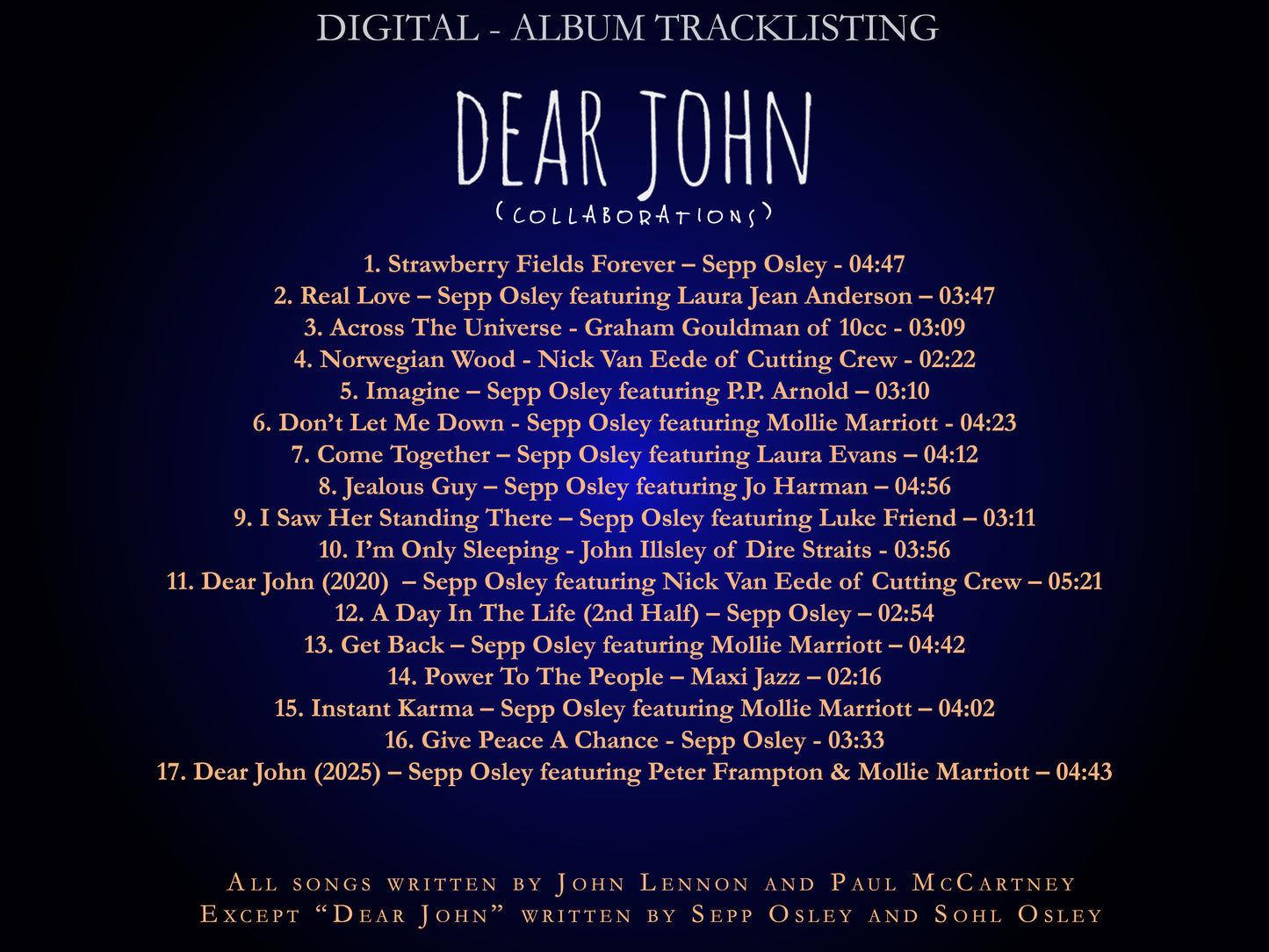 Album tracklist for 'Dear John' with track names and durations on a dark background