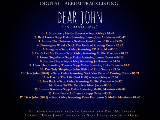 Album tracklist for 'Dear John' with track names and durations on a dark background