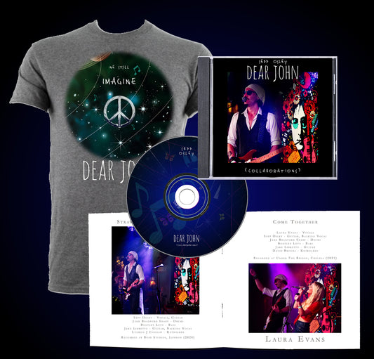 Music merchandise set with t-shirt, CD, and album cover featuring 'Dear John' by Sepp Osley.
