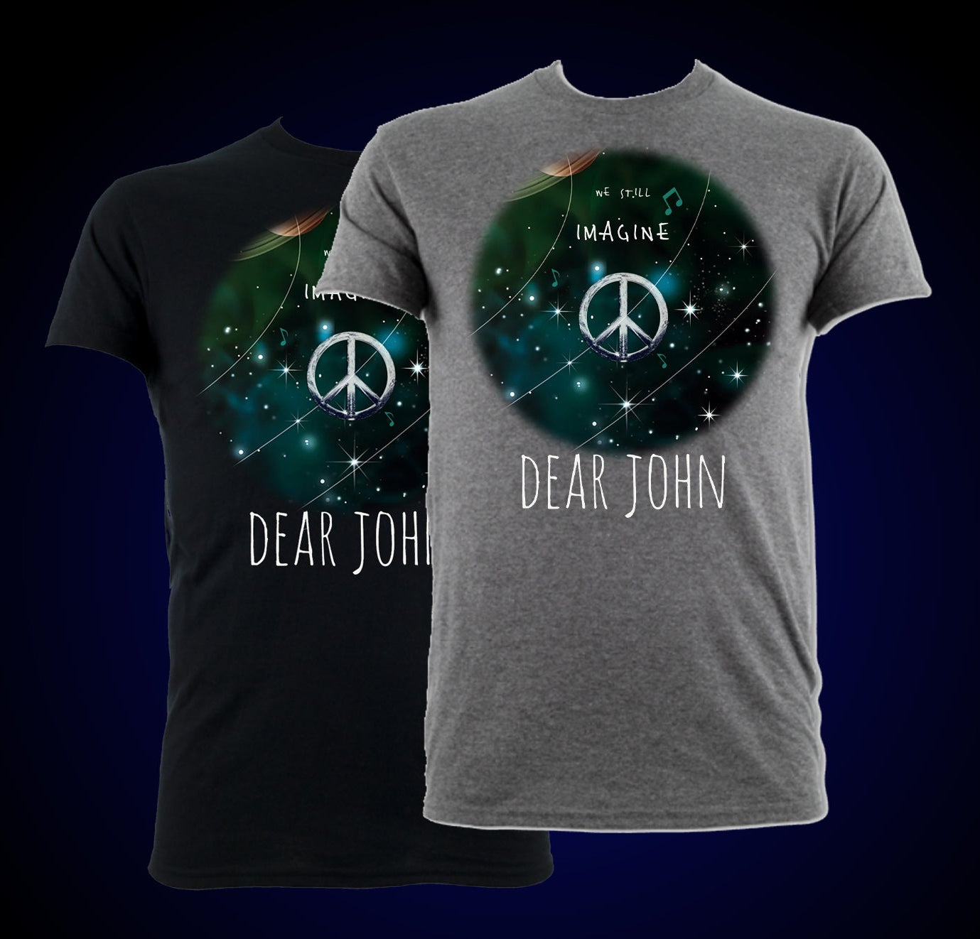 Two t-shirts with a peace symbol design and 'Dear John' text on a dark background.