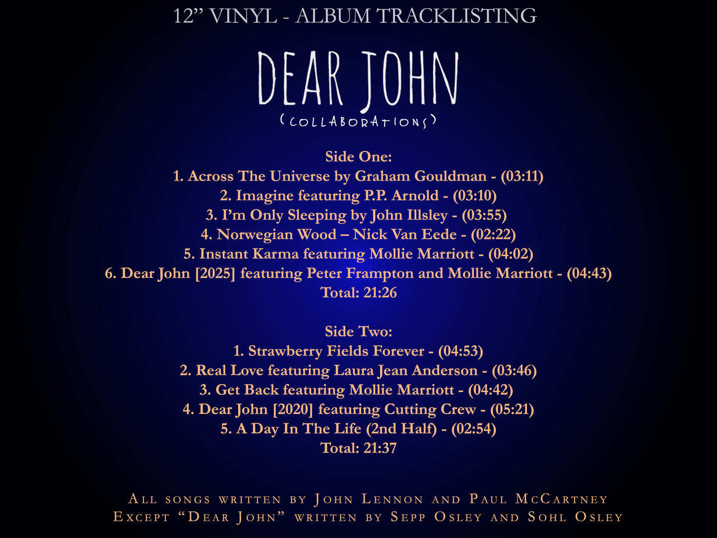 Vinyl album tracklisting for 'Dear John' with song titles and durations on a dark blue background.