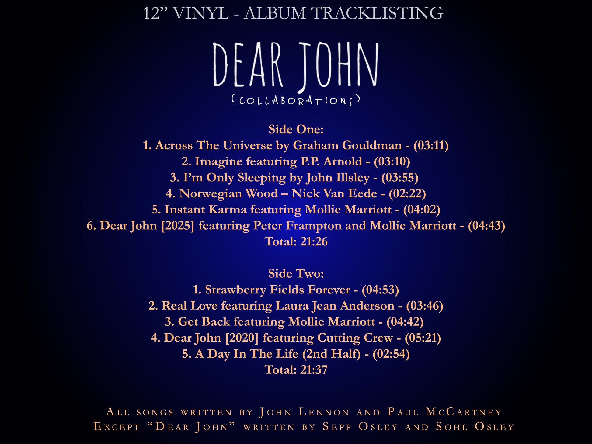 Vinyl album tracklisting for 'Dear John' with song titles and durations on a dark blue background.