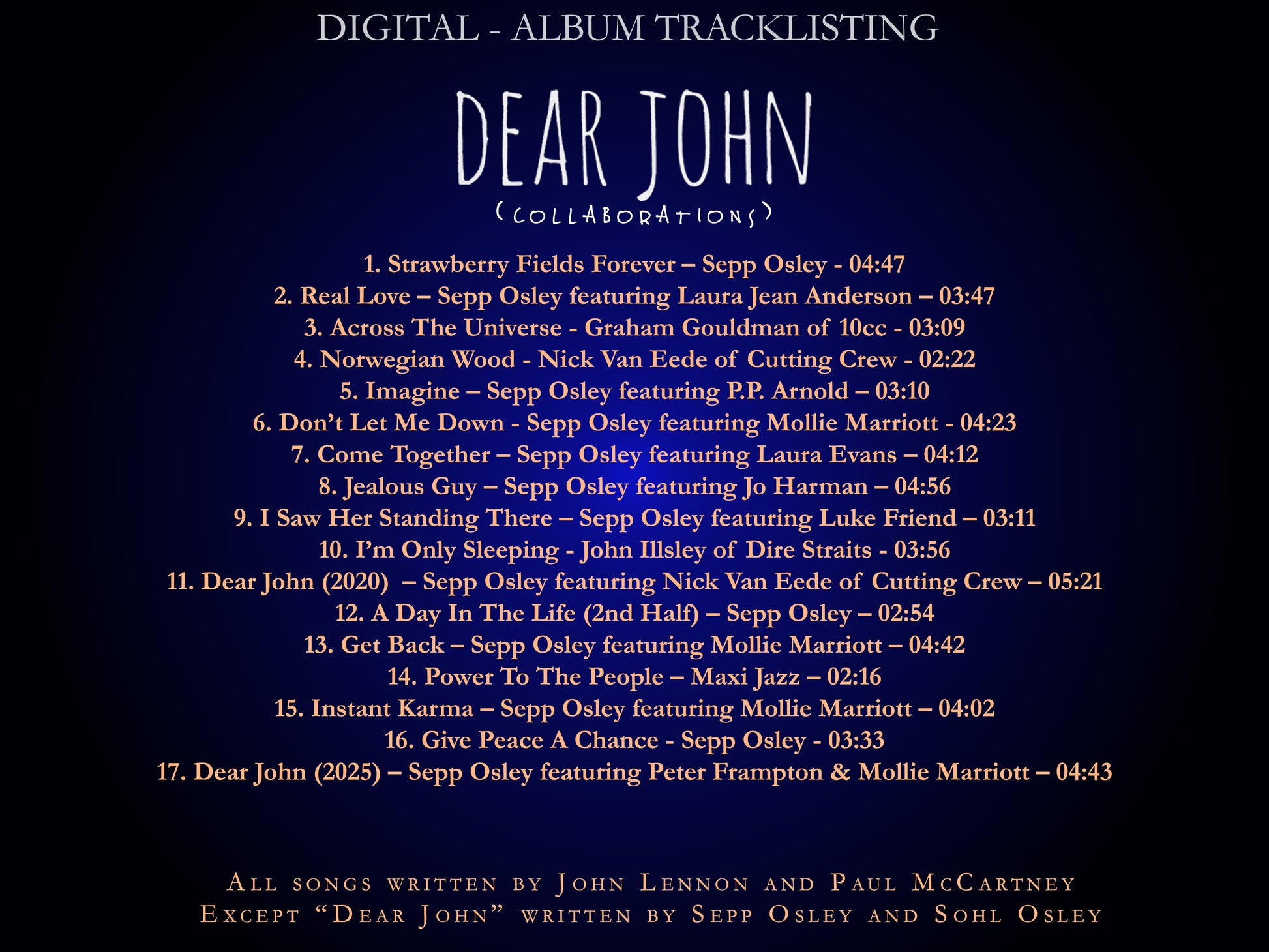 Album tracklist for 'Dear John' with track names and durations on a dark background