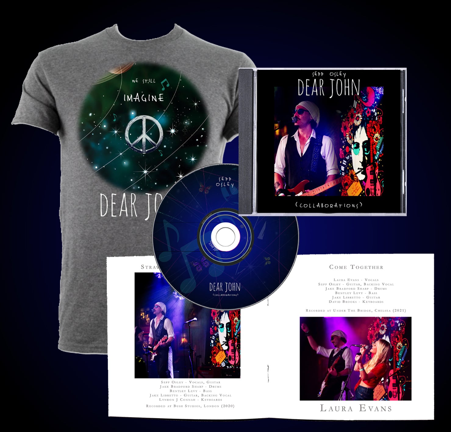 Music merchandise set with t-shirt, CD, and album cover featuring 'Dear John' by Sepp Osley.