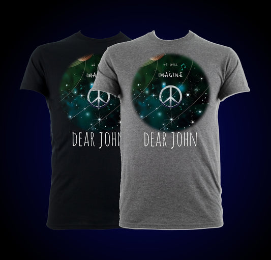 Two t-shirts with a peace symbol design and 'Dear John' text on a dark background