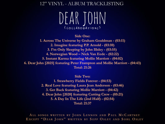 Vinyl album tracklisting for 'Dear John' with song titles and durations on a dark blue background.